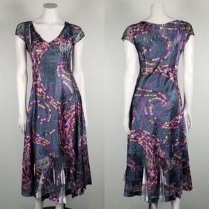 Komarov Purple Black Crinkle Plisse Lace Midi Fit & Flare Disco Pleated Dress M